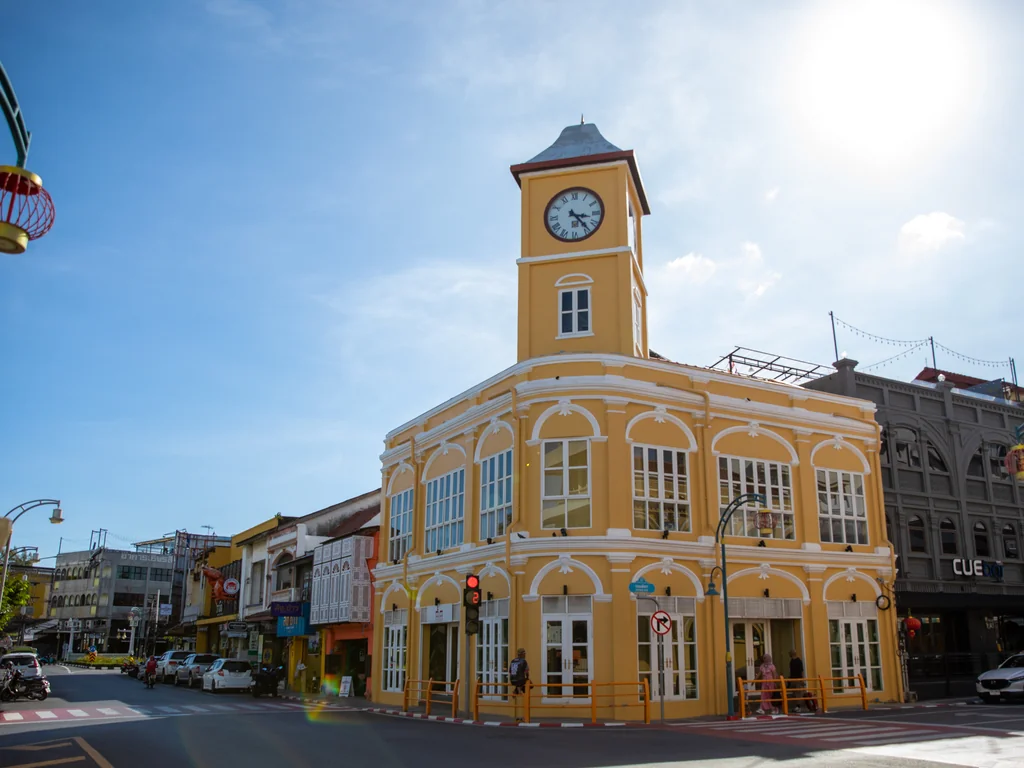 Historic yellow clock tower building in Phuket Old Town