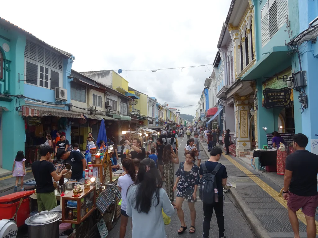 Visitors browsing stalls on Thalang Road at Phuket Sunday Walking Street Market